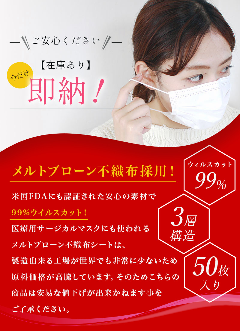 オリジナル不織布マスク 男女兼用ふつうサイズ 1箱 50枚 4箱セット 200枚